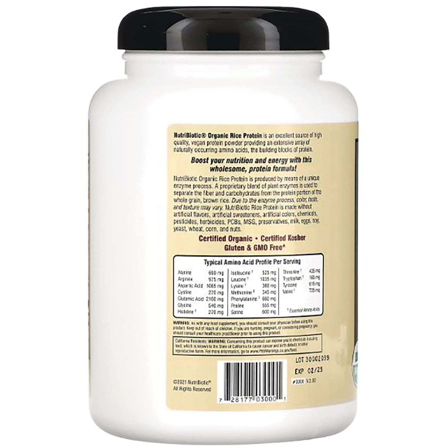 NUB018 | Back label of white protein powder jar showing ingredients, typical amino acid profile and barcode
