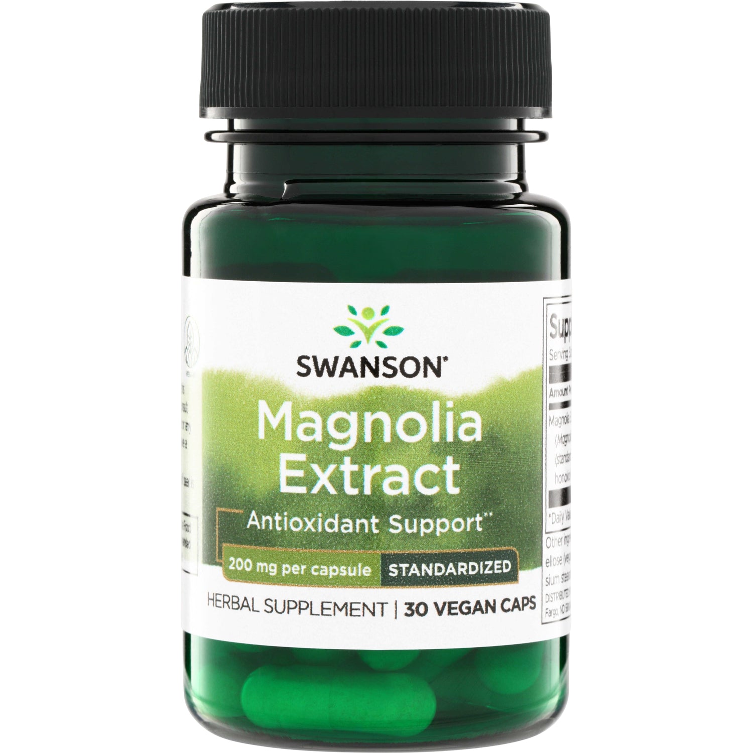 SWH225 | Swanson Magnolia Extract supplement bottle, antioxidant support, 200 mg per capsule, 30 vegan caps