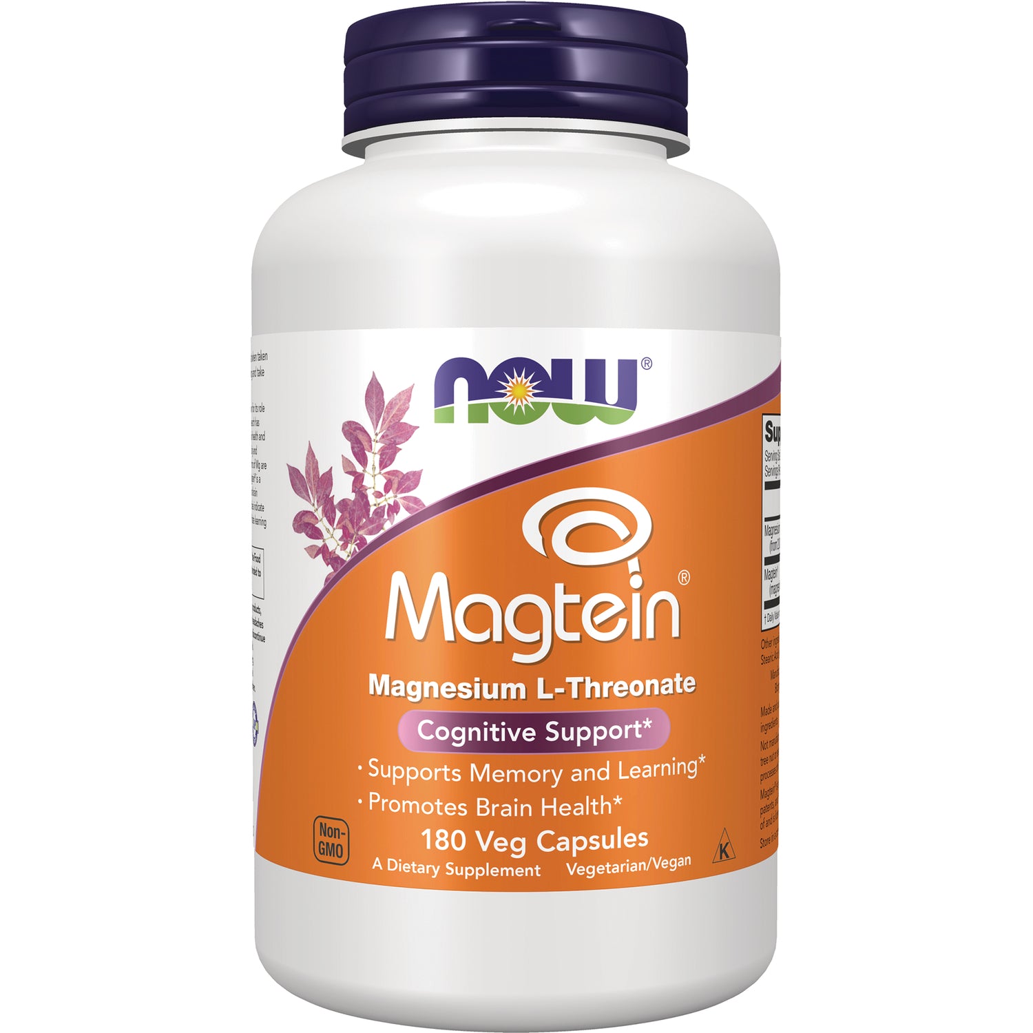 NWF1451 | White bottle of Magtein Magnesium L-Threonate supplement, orange label shows NOW logo, 180 Veg Capsules and Cognitive Support