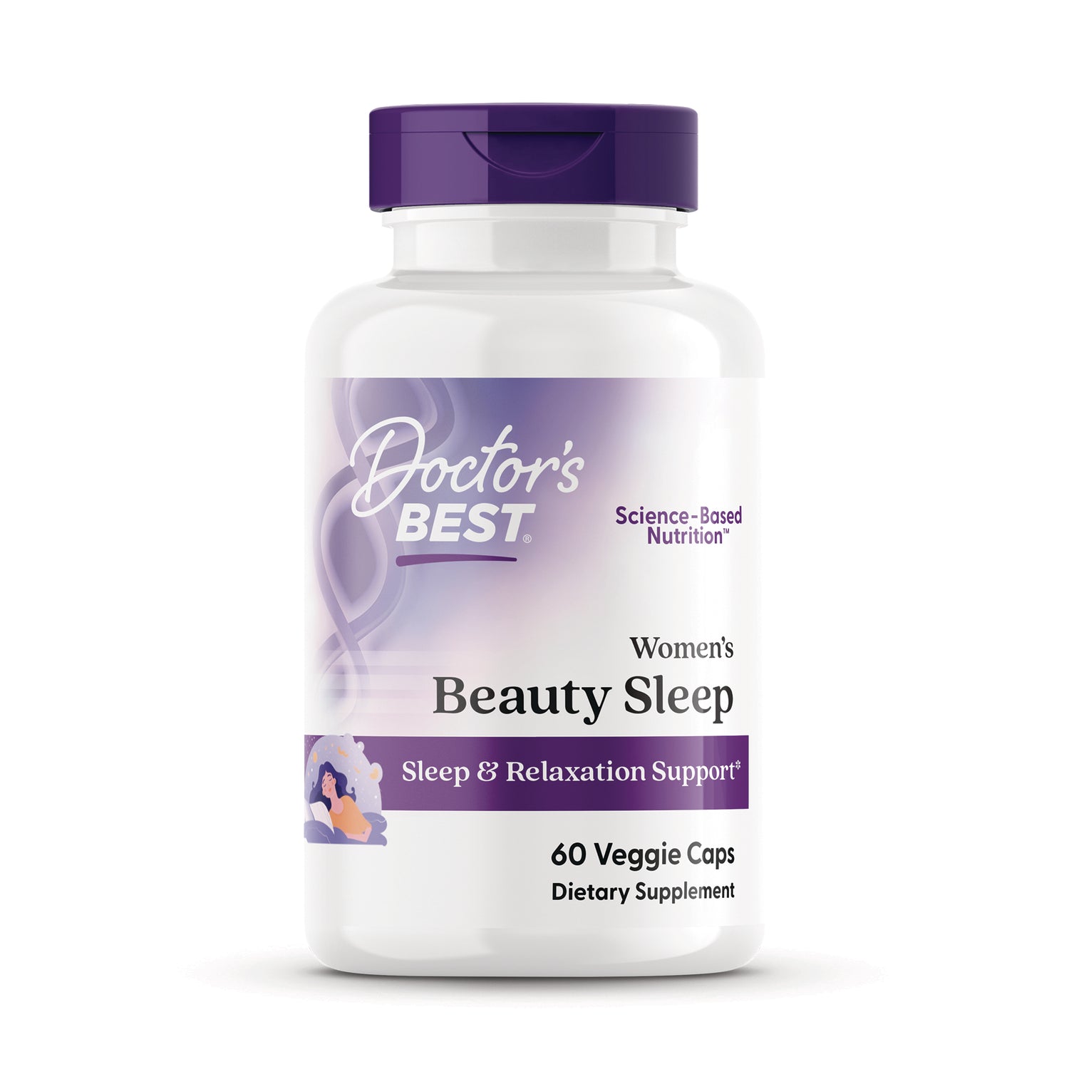 DB303 | Doctor's Best Women's Beauty Sleep supplement bottle with purple cap, label Sleep & Relaxation Support, 60 Veggie Caps