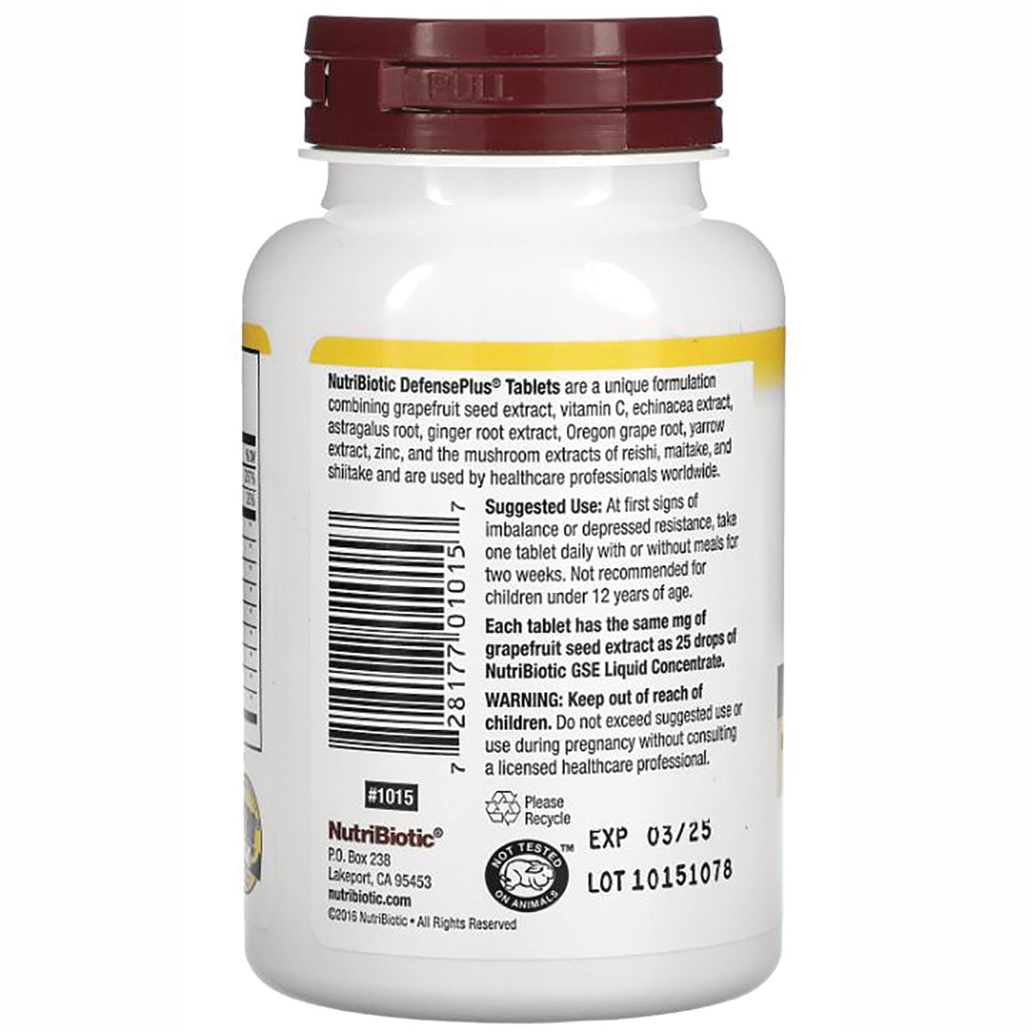 NUB001 | Back of white supplement bottle showing barcode, ingredient and warning text, EXP 03/25 and LOT 10151078