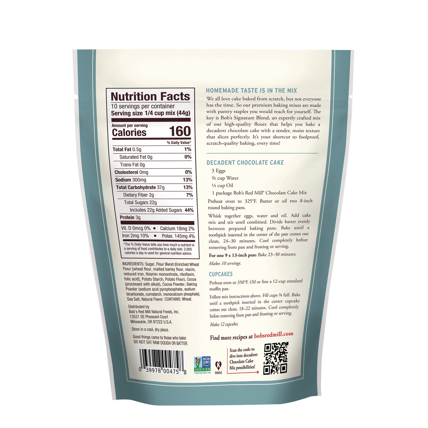 BOB483 | Back of baking mix pouch showing Nutrition Facts, ingredients, and decadent chocolate cake recipe