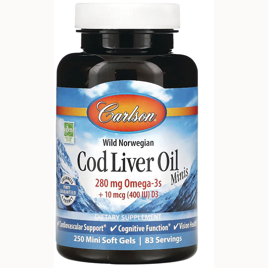CSN023 | Carlson Wild Norwegian Cod Liver Oil Minis bottle, 250 mini soft gels, 280 mg Omega-3s + 10 mcg (400 IU) D3 - Thumbnail