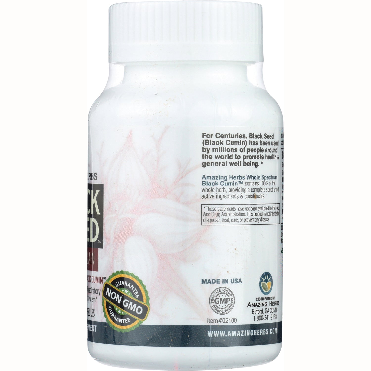 Back of white supplement bottle label with black seed description, Non GMO badge, MADE IN USA and distributor details