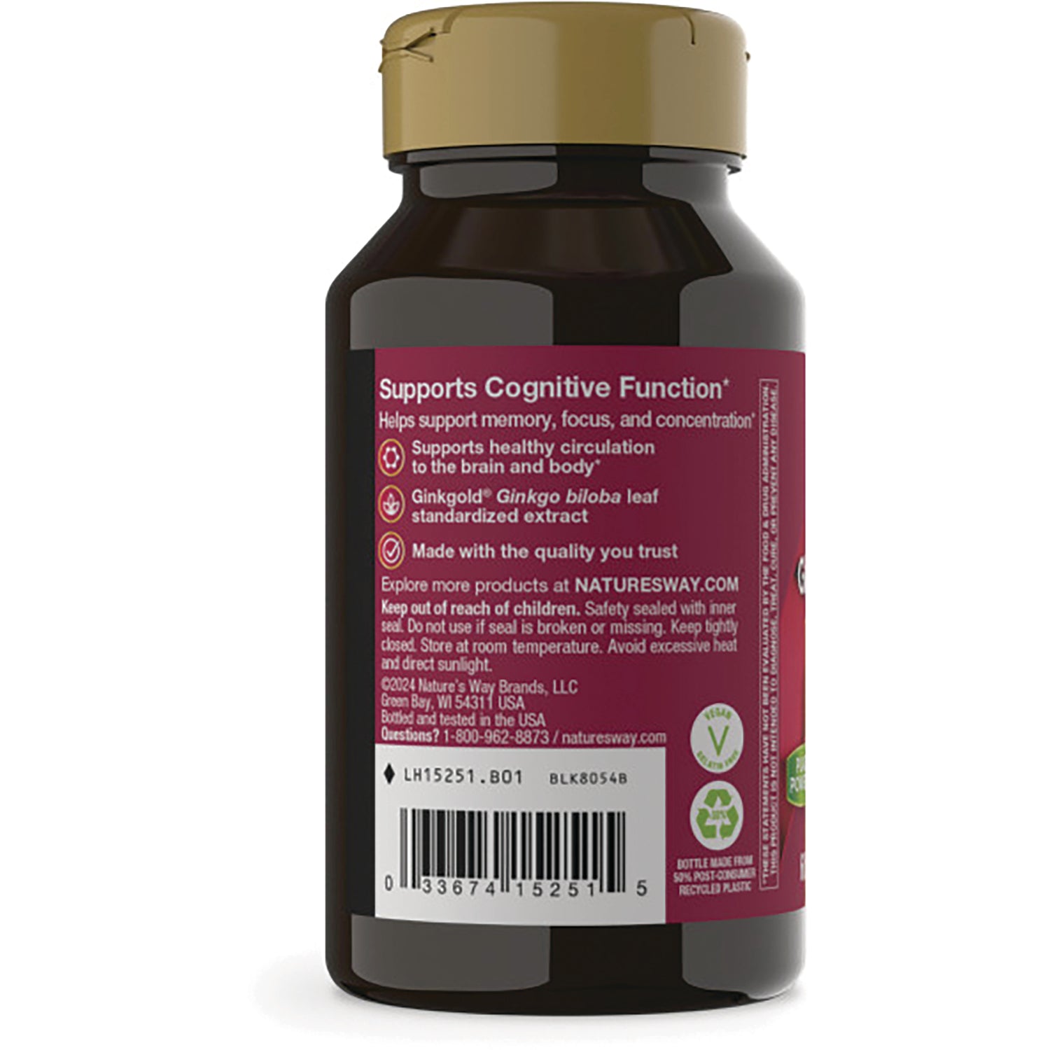 NW733 | Back of brown supplement bottle with maroon label reading Supports Cognitive Function, barcode and usage text