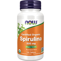NWF1161 | NOW Spirulina 500 mg white bottle with orange label, Certified Organic, 100 tablets