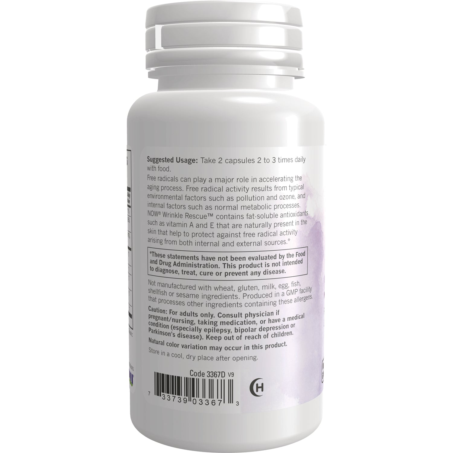 NWF1033 | Back label of white supplement bottle showing suggested usage, warnings, ingredient text and barcode