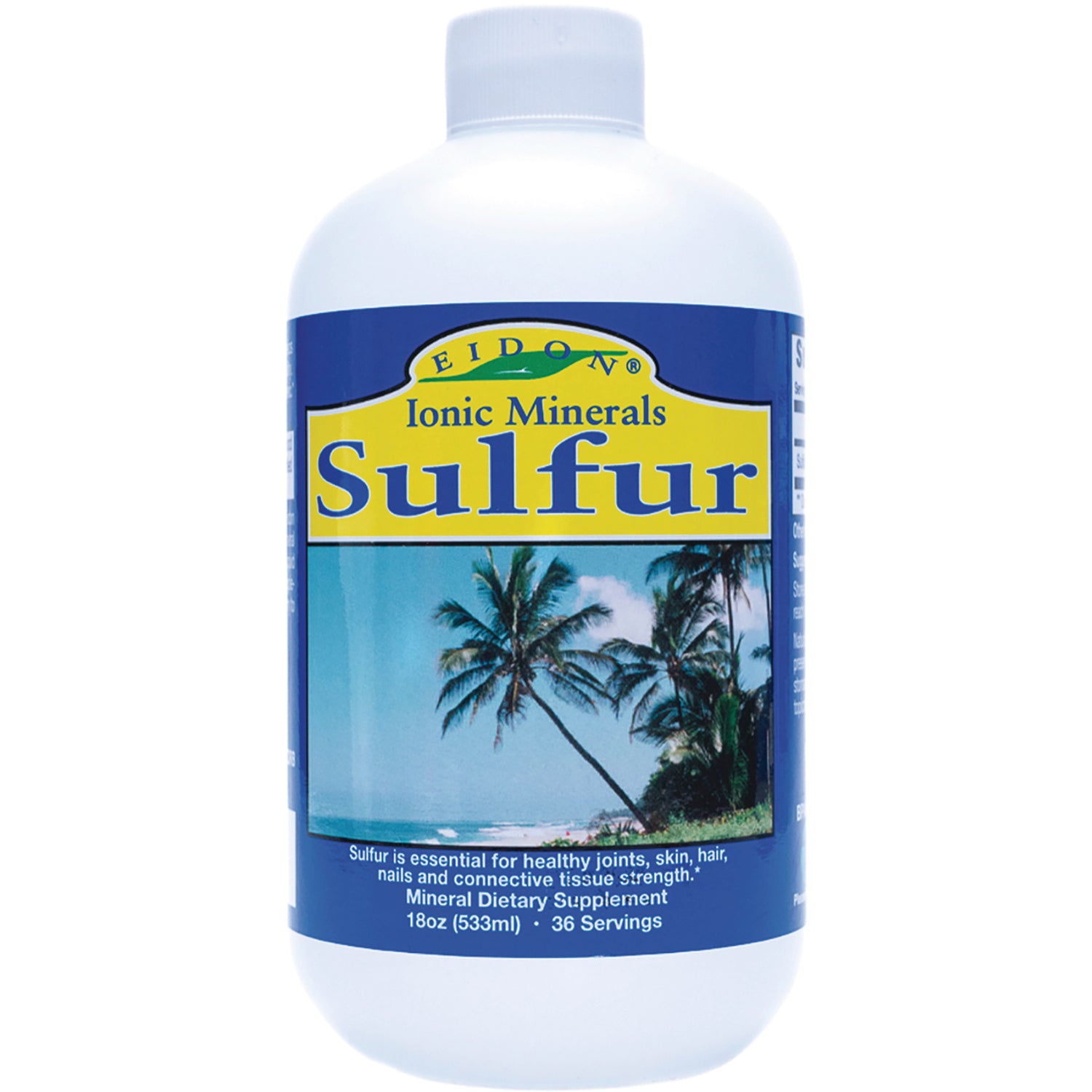 EIM011 | White bottle labeled Ionic Minerals Sulfur dietary supplement with palm tree beach image