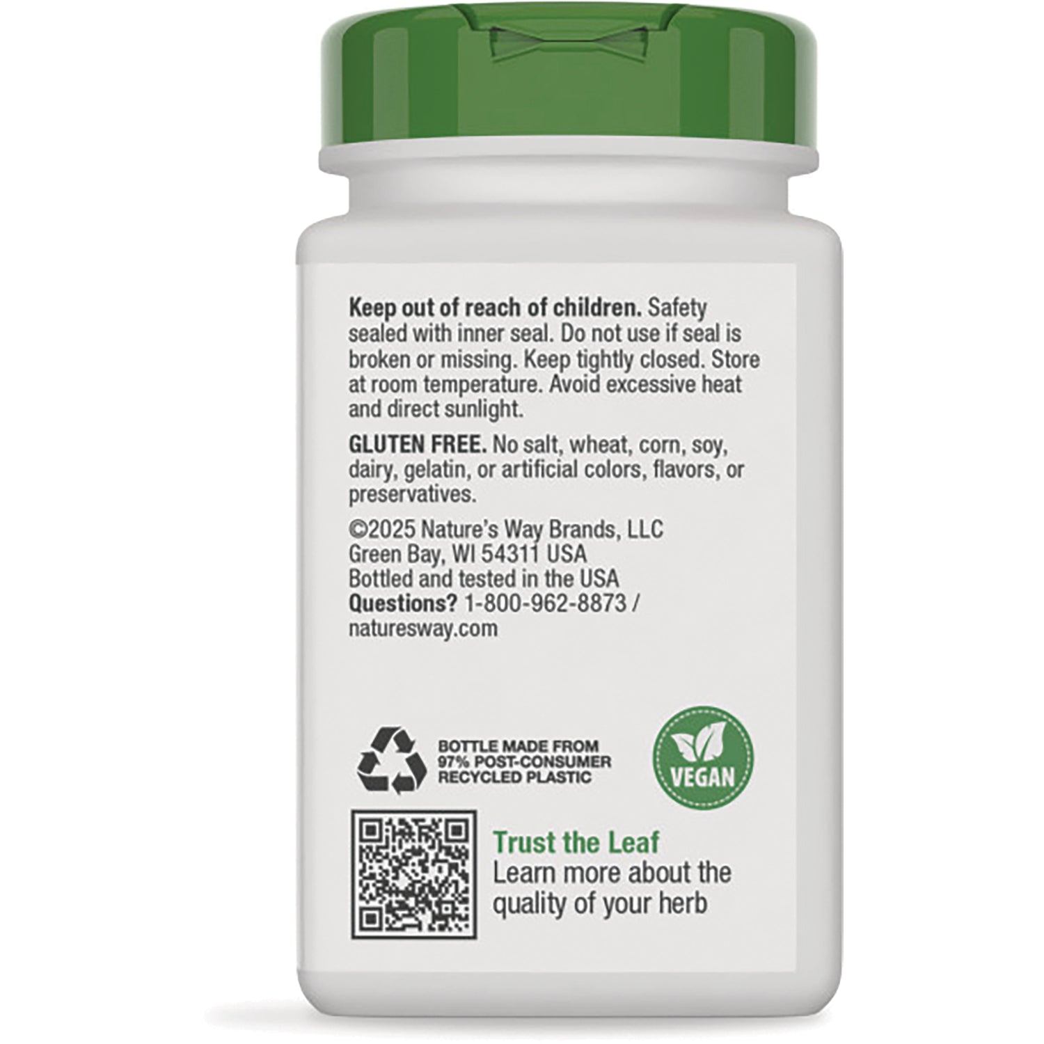NW155 | Back label of white supplement bottle with safety and gluten free text, vegan and recycling icons, QR code