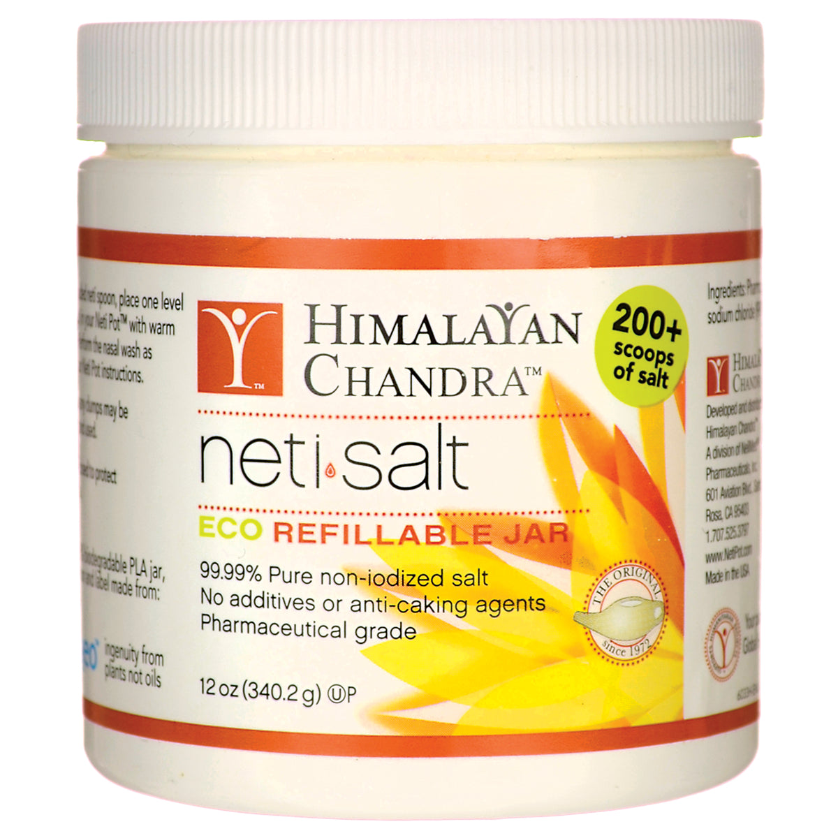 HIM002 | Himalayan Chandra neti salt eco refillable jar label showing 200+ scoops and 12 oz