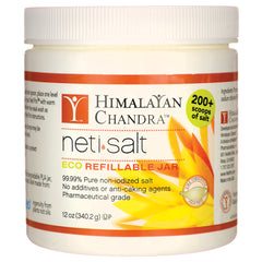 HIM002 | Himalayan Chandra neti salt eco refillable jar label showing 200+ scoops and 12 oz