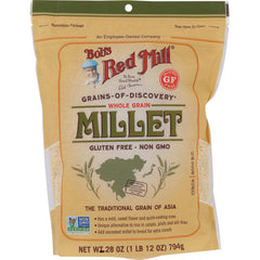 BOB422 | Bob's Red Mill whole grain millet bag front showing gluten free and non GMO labels, 28 oz