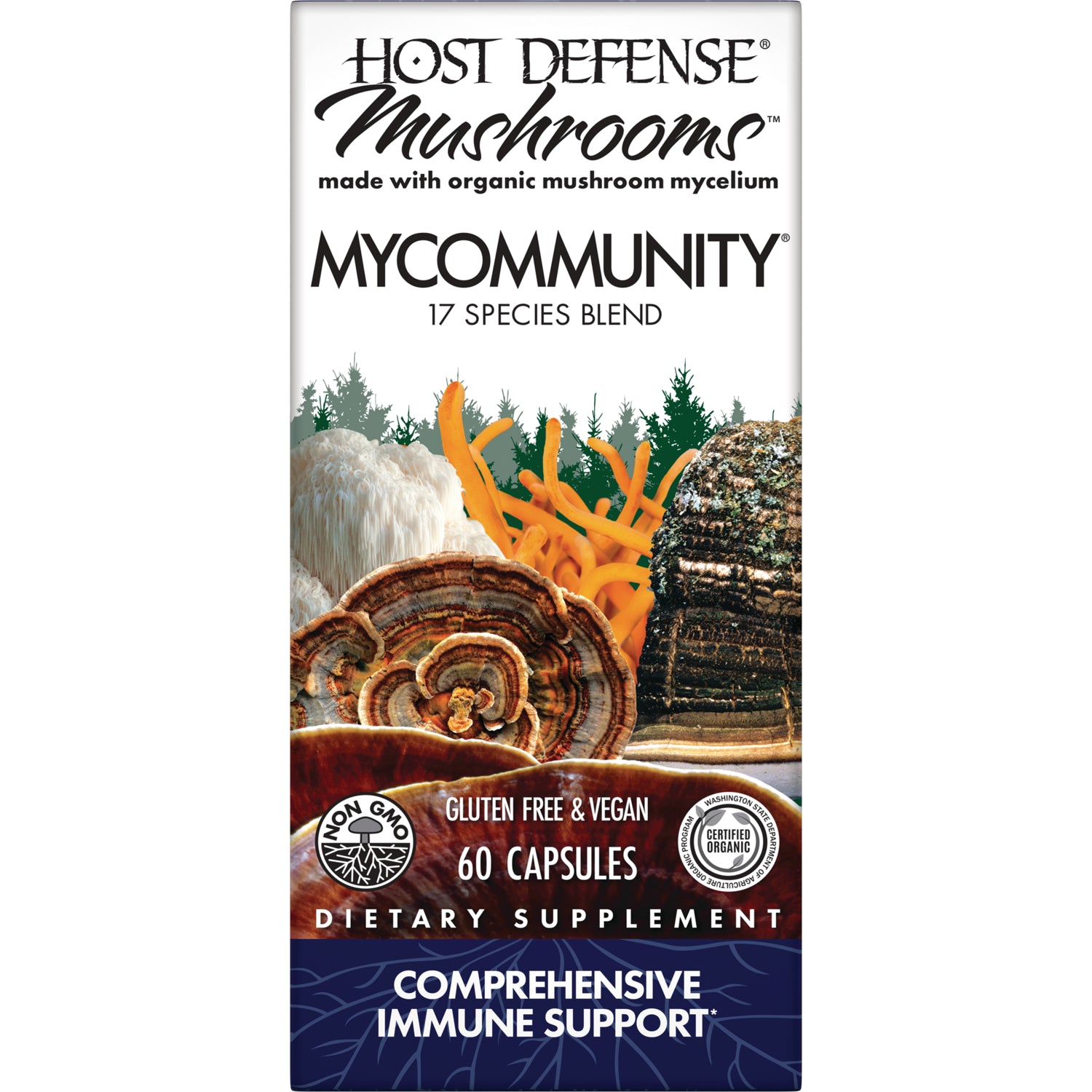 FUN002 | Host Defense MyCommunity mushroom supplement box, 17 species blend, 60 capsules front packaging