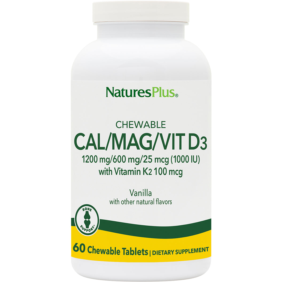 NTP013 | NaturesPlus chewable CAL/MAG/VIT D3 bottle showing label 60 chewable vanilla tablets