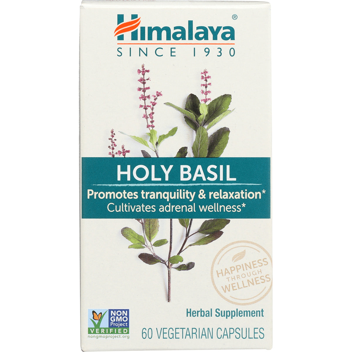 HHH041 | Himalaya Holy Basil herbal supplement box with plant illustration and 60 vegetarian capsules
