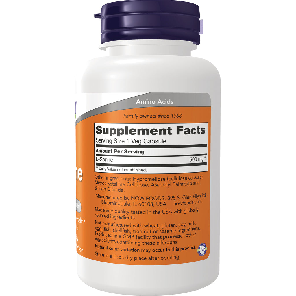 NWF1428 | Back of white supplement bottle showing Supplement Facts panel, Serving Size 1 Veg Capsule and L-Serine 500 mg - Thumbnail