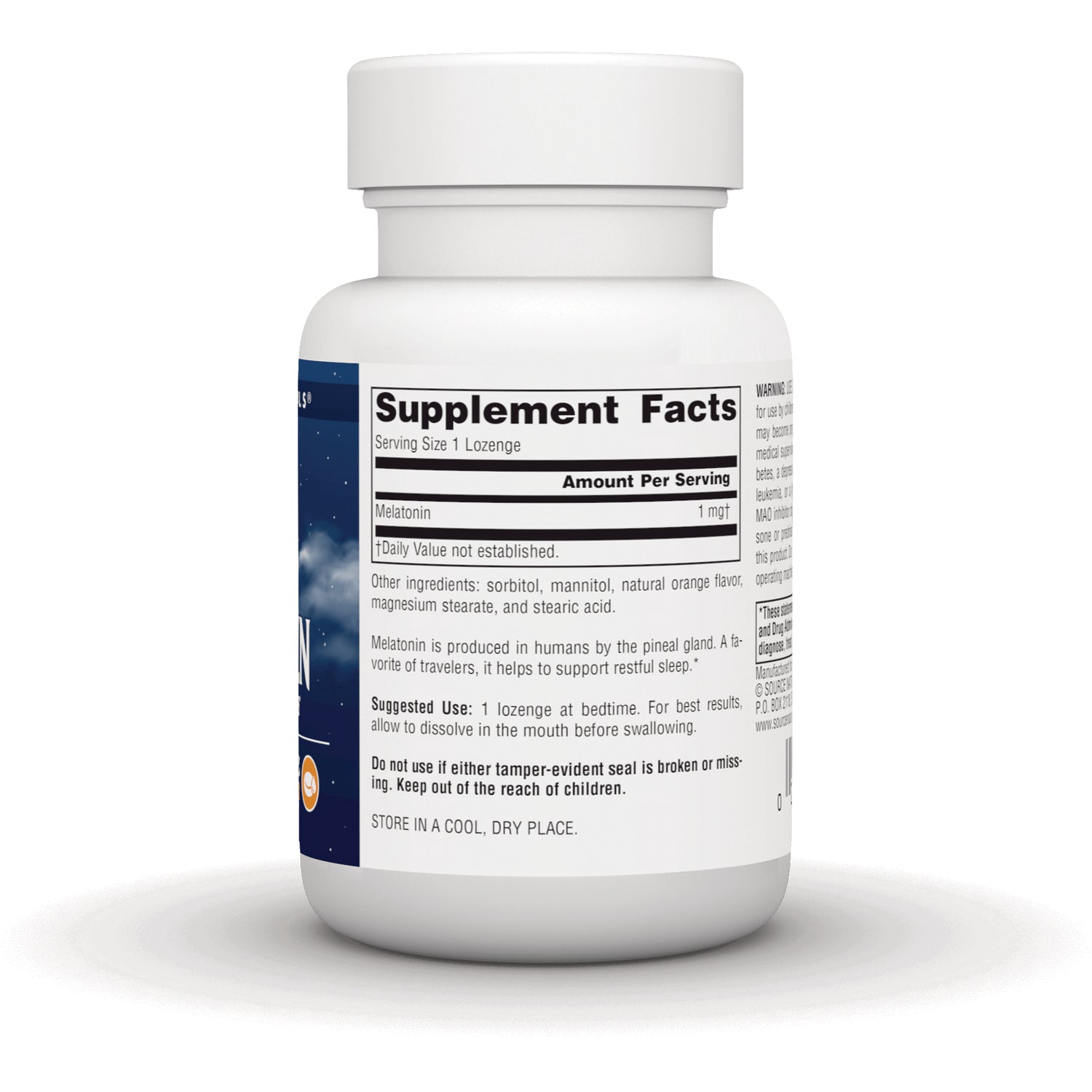 SN172 | Back label with Supplement Facts panel listing melatonin 1 mg and suggested use