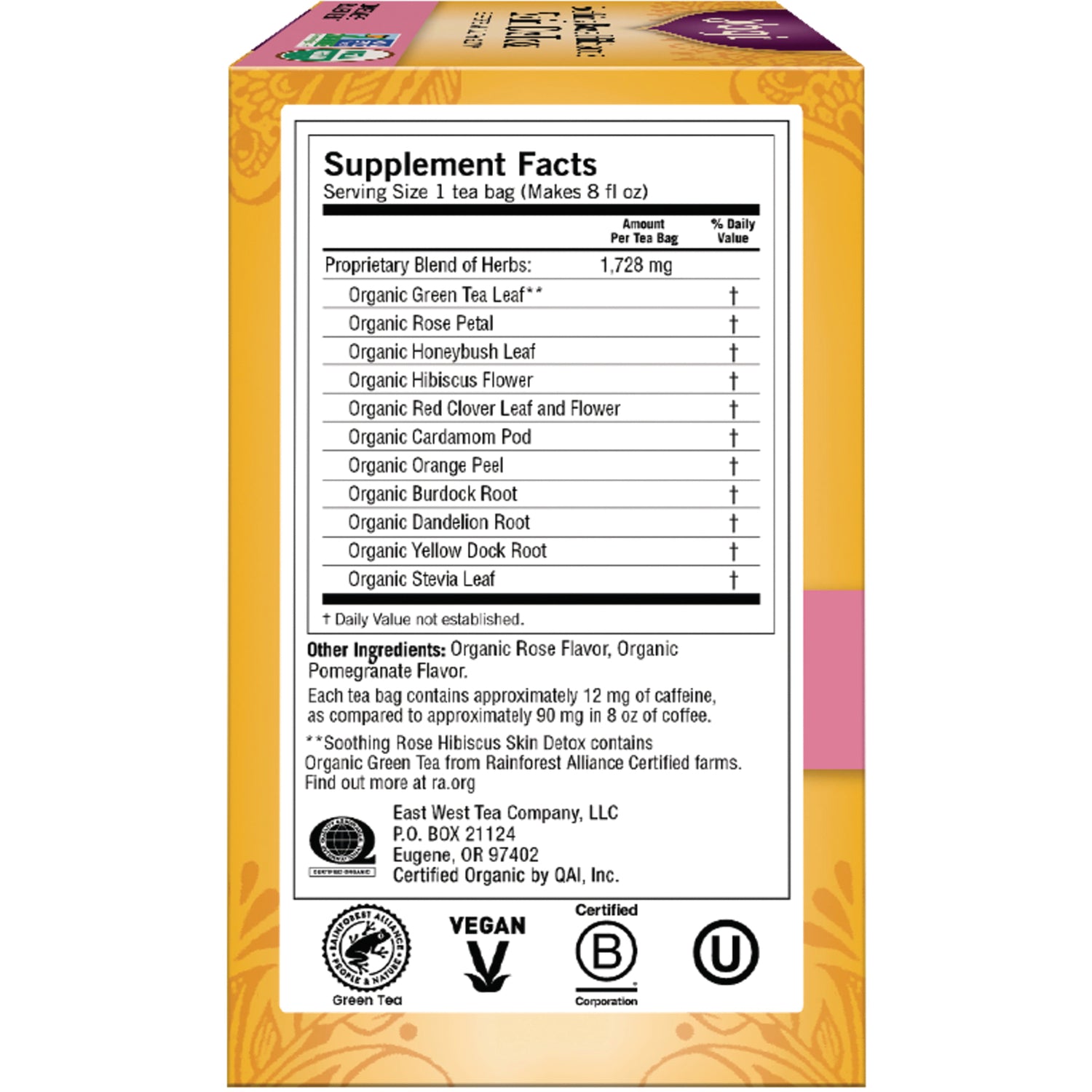 AHW039 | Back panel with Supplement Facts and organic herbal blend ingredients for tea