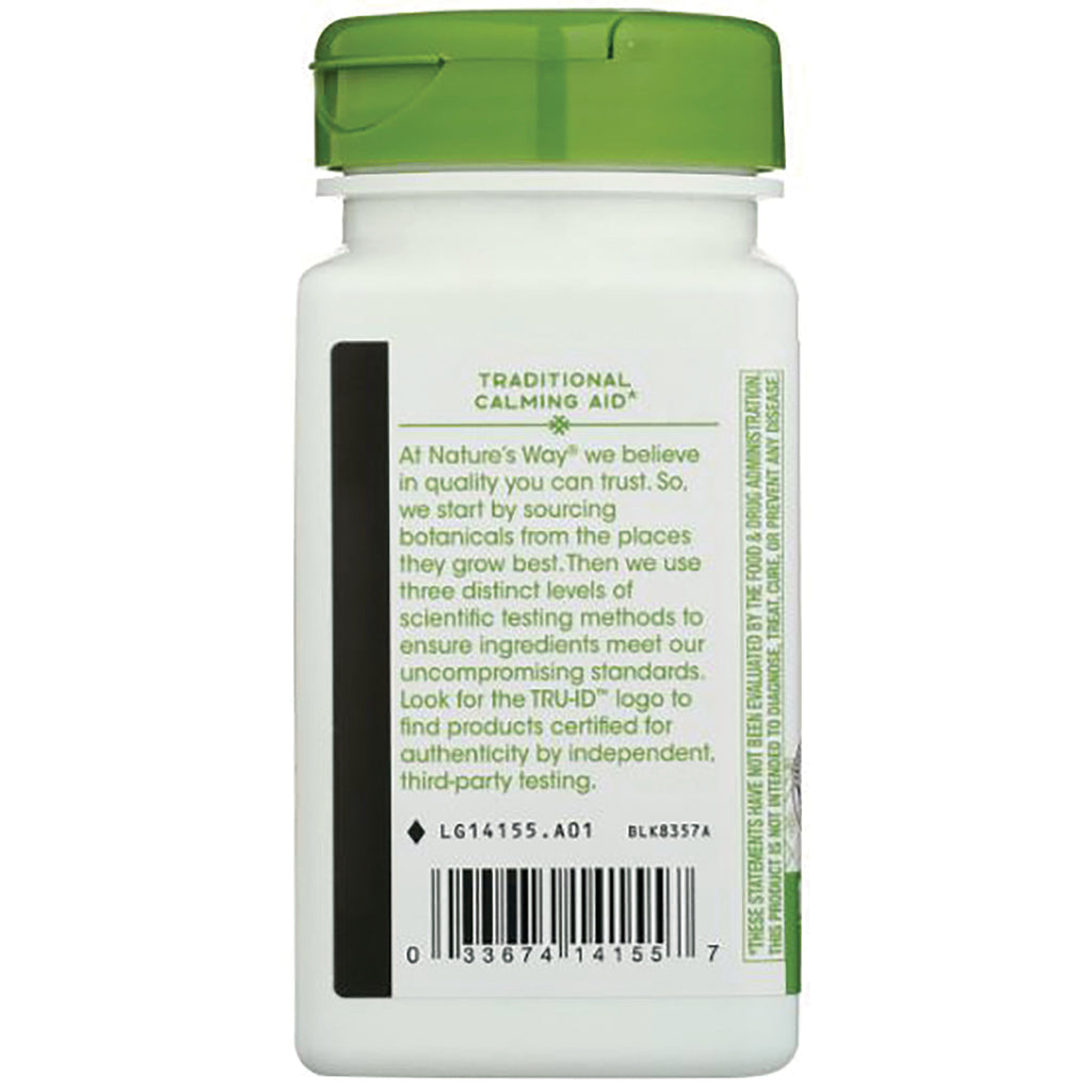 NW937 | white supplement bottle back with green cap labeled TRADITIONAL CALMING AID, ingredient text and barcode - Thumbnail