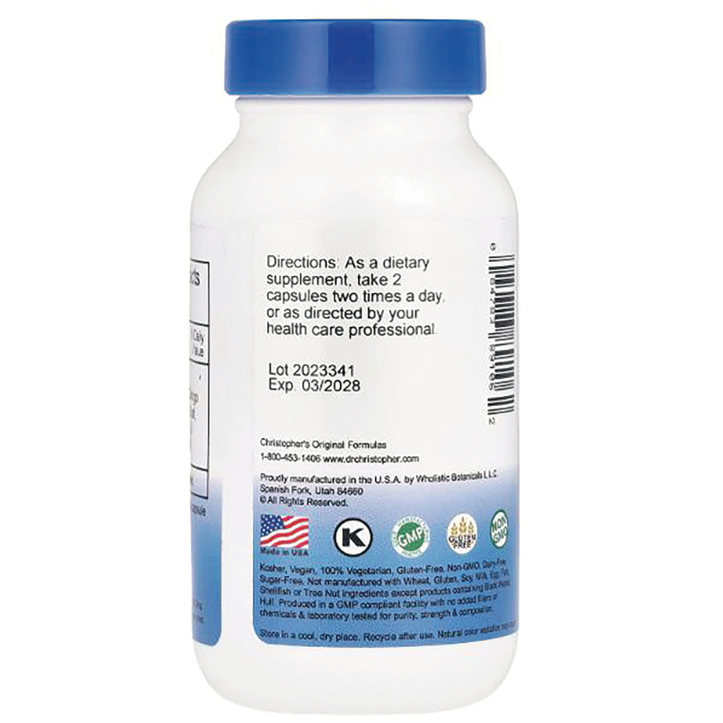 DCR029 | Back label of white supplement bottle showing directions, Lot 2023341 Exp 03/2028 and certification icons - Thumbnail