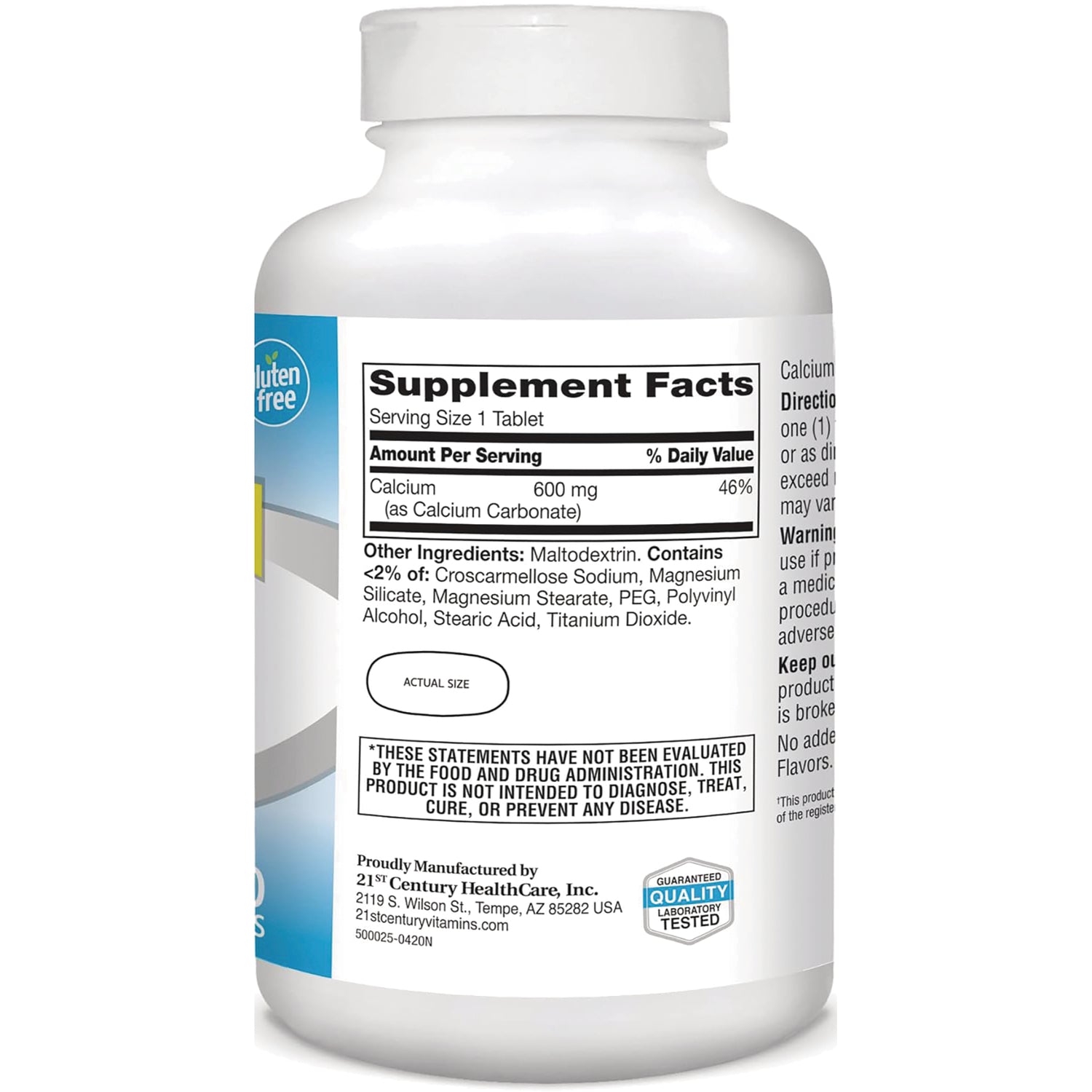 CNT263 | back label showing Supplement Facts panel for calcium 600 mg per tablet and ingredient list