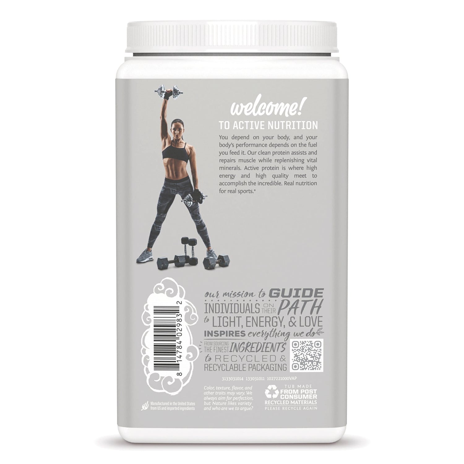 SNW045 | Back of protein powder container with athlete image and text: welcome! to active nutrition