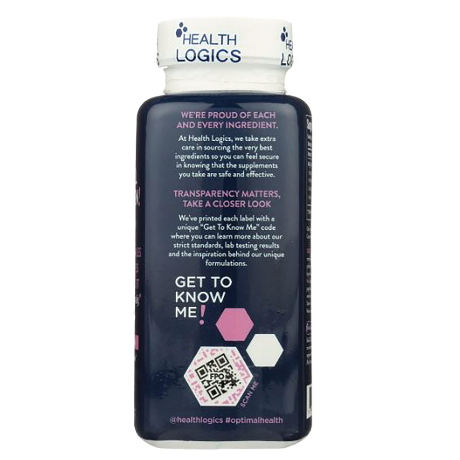 HLG001 | product infographic label side showing transparency text, GET TO KNOW ME and a QR code