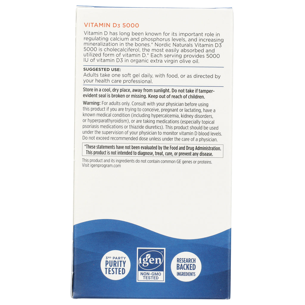 NRN105 | Back of Vitamin D3 5000 supplement box with suggested use, warnings, and purity/non-GMO seals - Thumbnail