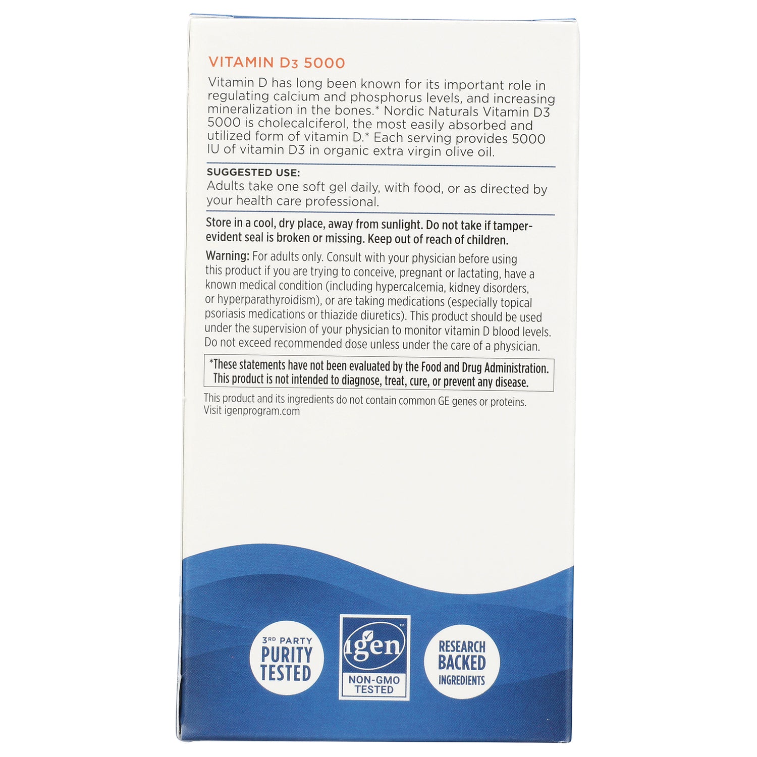 NRN105 | Back of Vitamin D3 5000 supplement box with suggested use, warnings, and purity/non-GMO seals