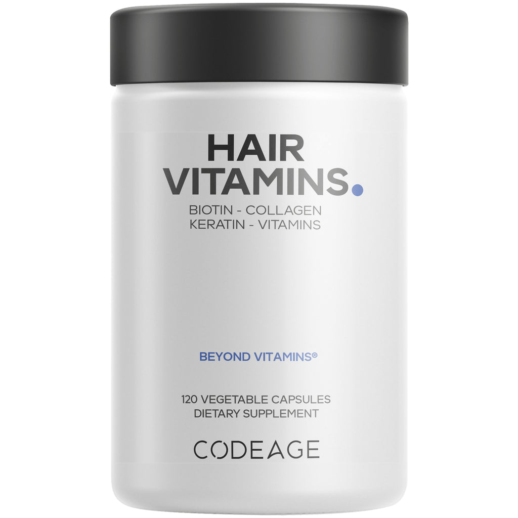 CDG010 | White supplement bottle labeled HAIR VITAMINS, Codeage logo, 120 vegetable capsules dietary supplement - Thumbnail