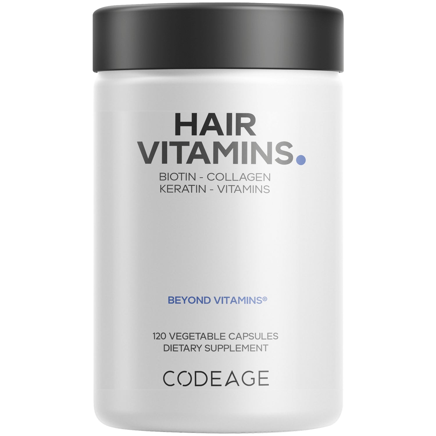 CDG010 | White supplement bottle labeled HAIR VITAMINS, Codeage logo, 120 vegetable capsules dietary supplement