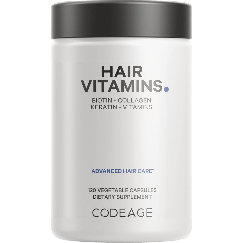 CDG010 | White supplement bottle labeled HAIR VITAMINS, Codeage logo, 120 vegetable capsules dietary supplement - Thumbnail