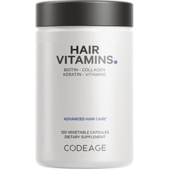 CDG010 | White supplement bottle labeled HAIR VITAMINS, Codeage logo, 120 vegetable capsules dietary supplement