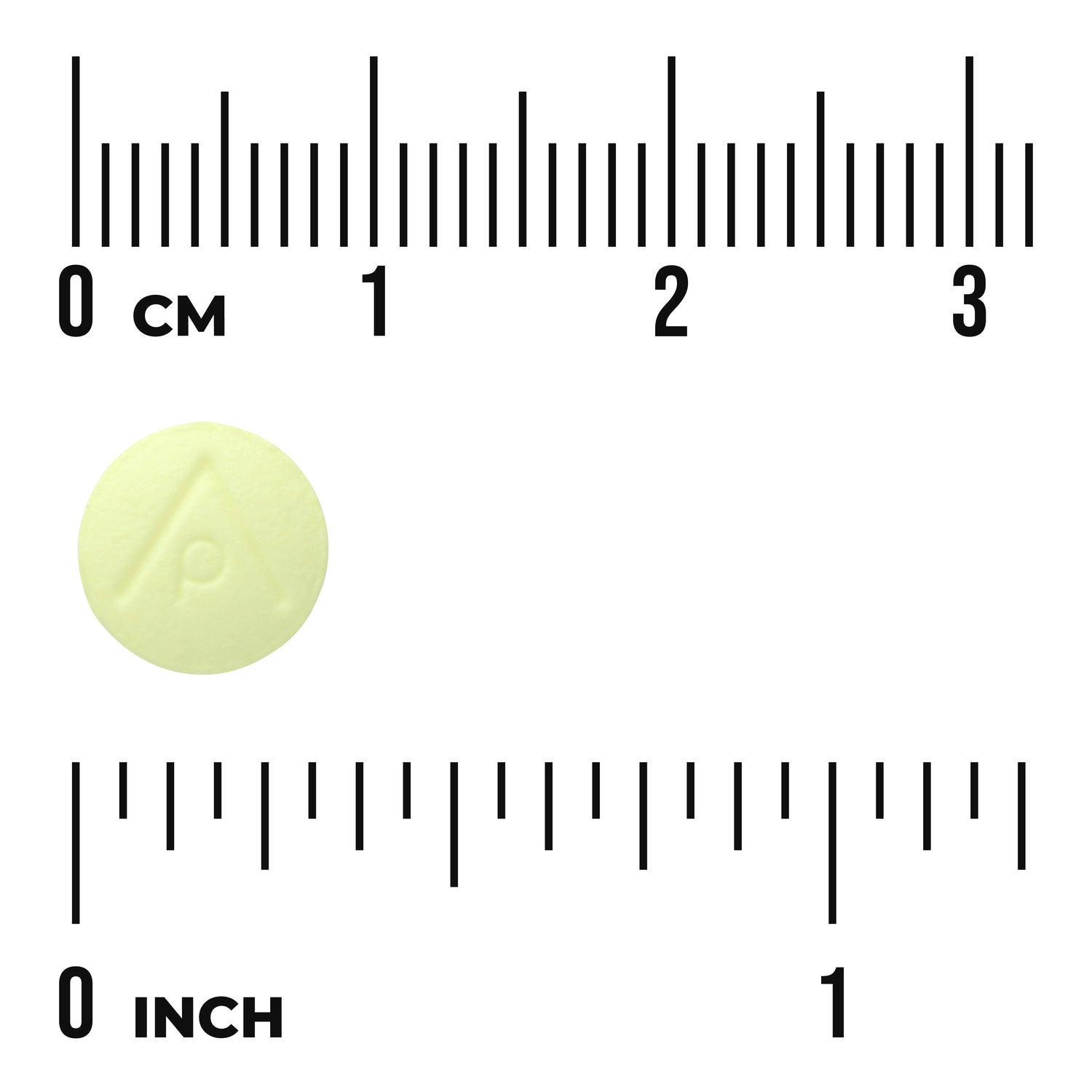 SWT001 | Small pale yellow round tablet embossed with an 'A' logo beside centimeter and inch rulers for scale