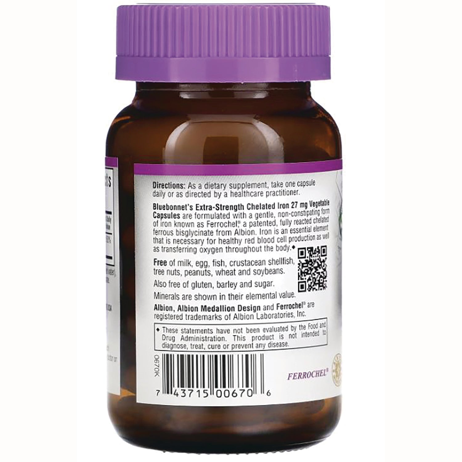 BLU079 | Back of brown supplement bottle with purple cap showing label text, barcode and QR code