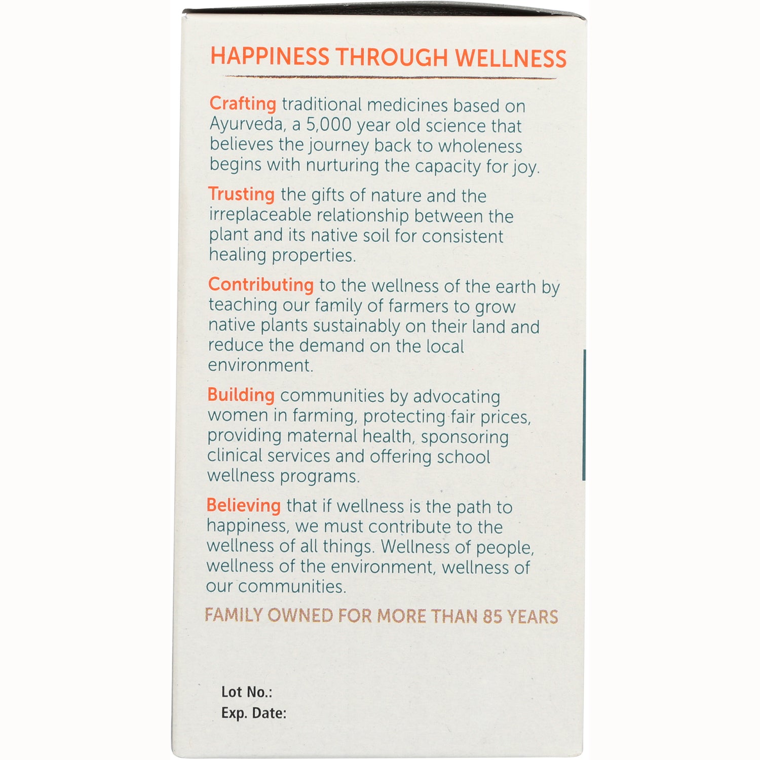 HHH004 | side panel titled HAPPINESS THROUGH WELLNESS listing Crafting, Trusting, Contributing, Building, Believing and FAMILY OWNED FOR MORE THAN 85 YEARS