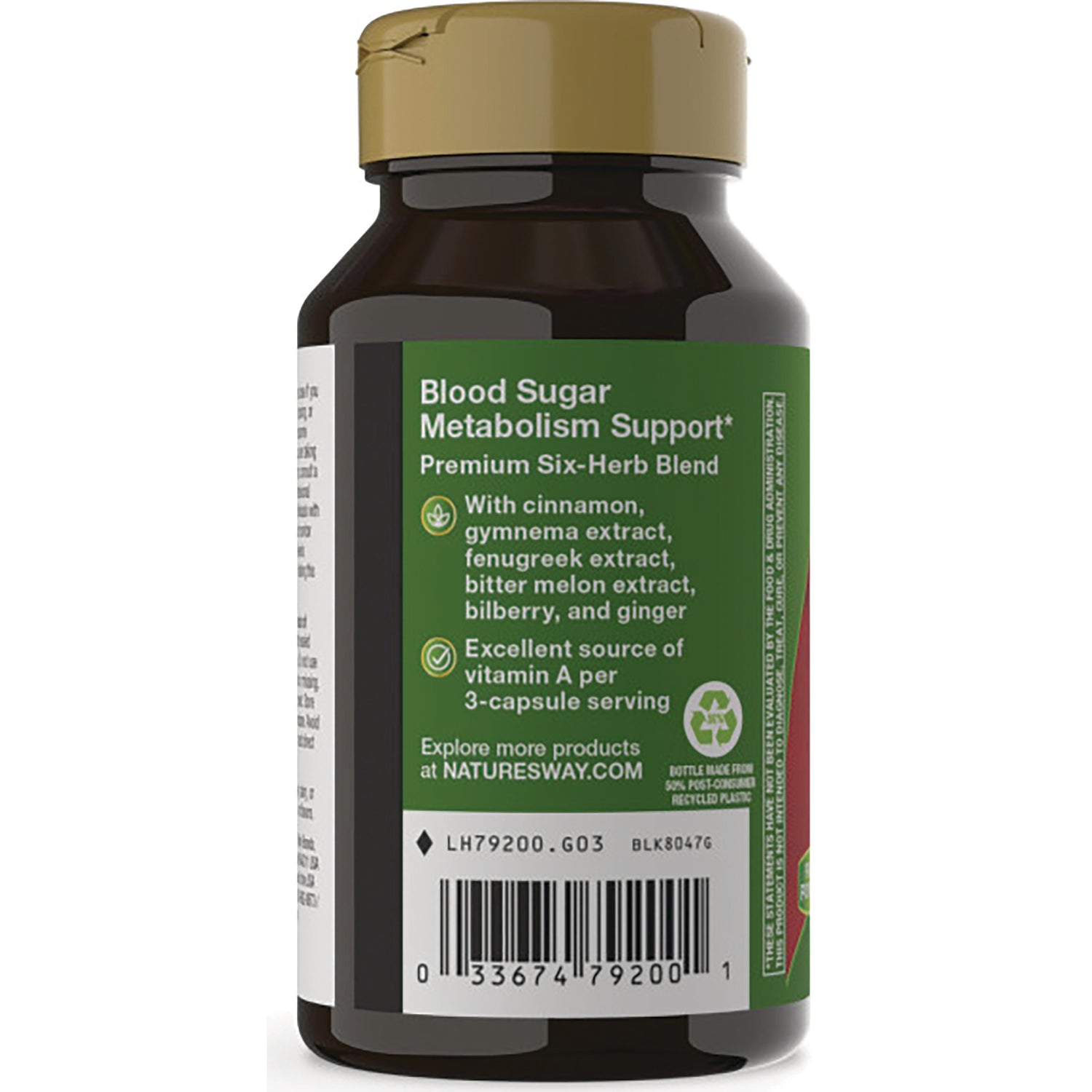 NW579 | Back label of supplement bottle showing Blood Sugar Metabolism Support text, ingredients list and barcode