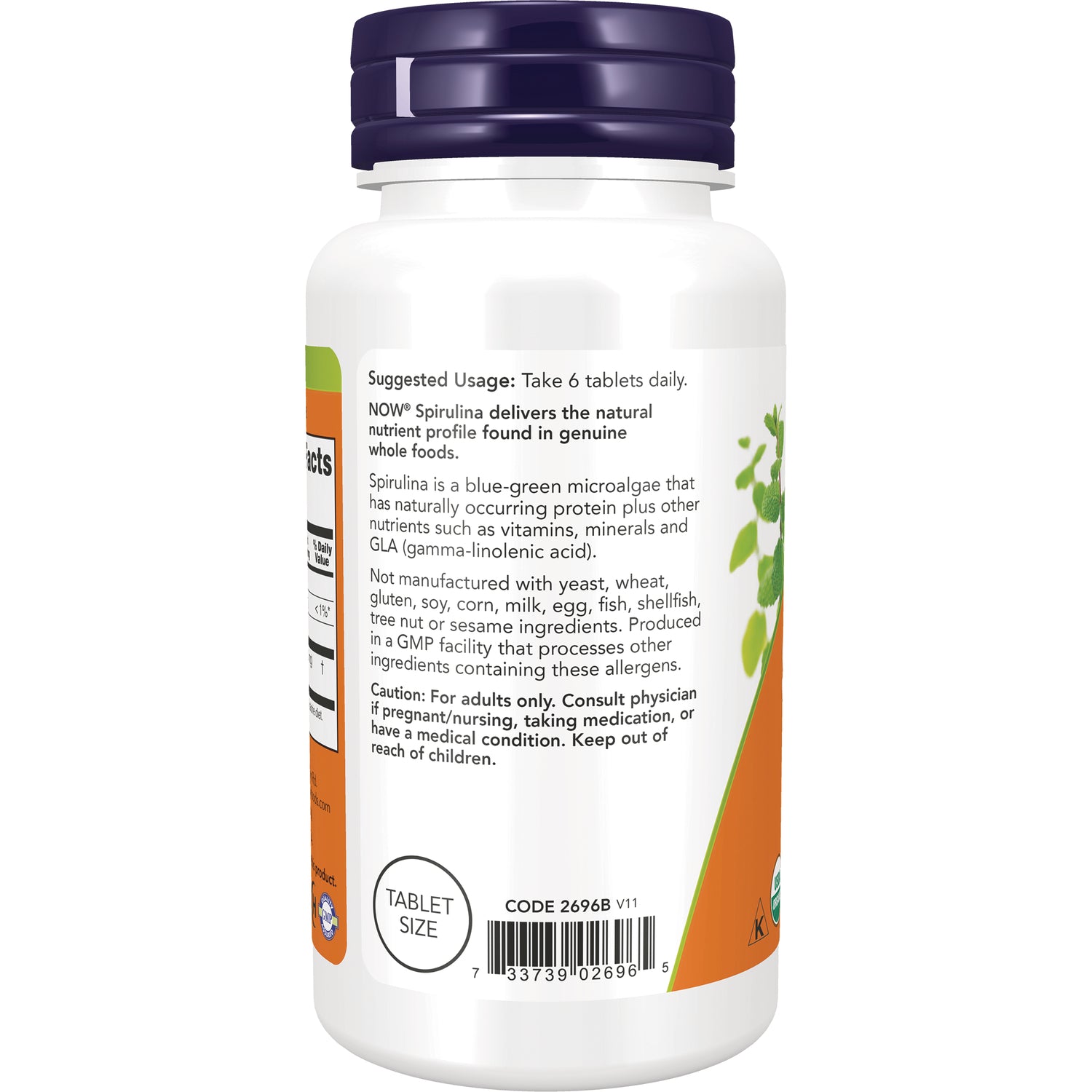 NWF1161 | back label of spirulina supplement bottle showing suggested usage cautions tablet size and barcode
