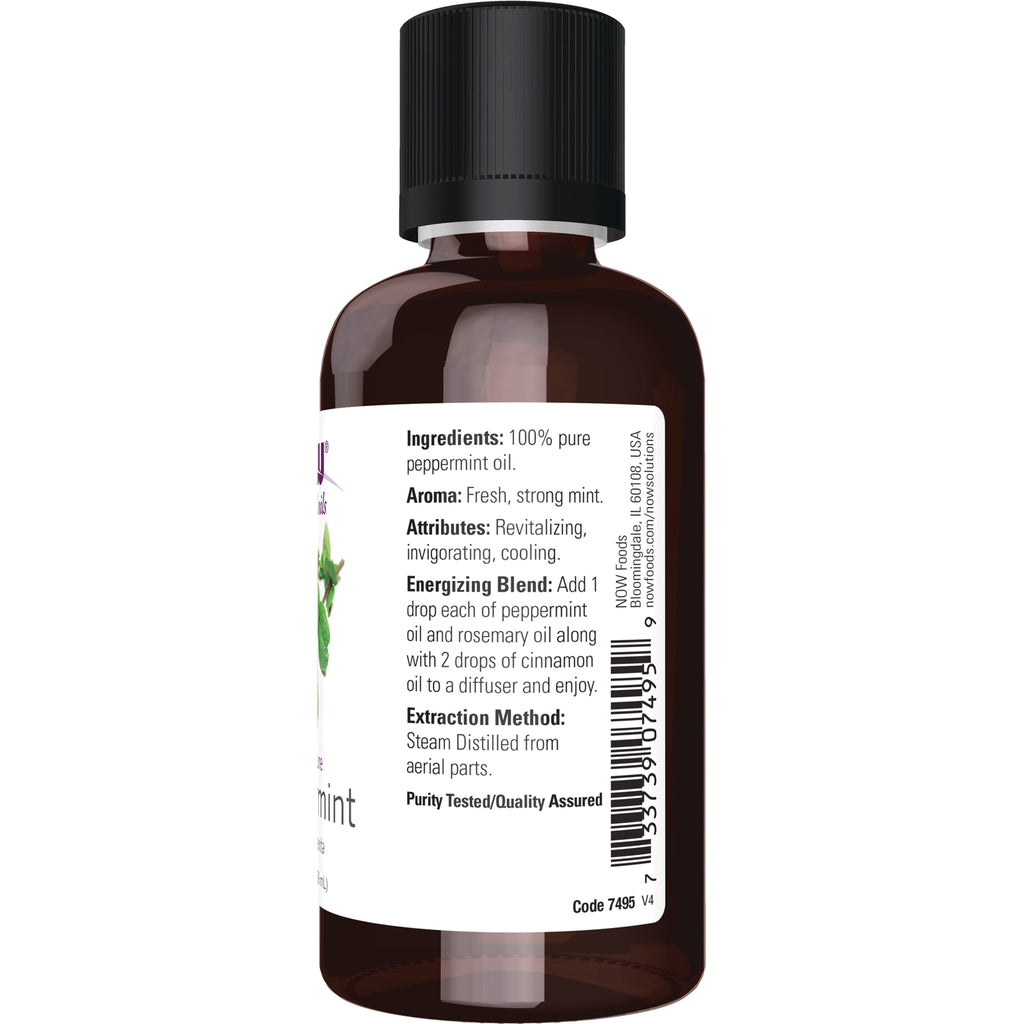 NWF266 | Back label of brown peppermint oil bottle showing ingredients, aroma, energizing blend, extraction method and barcode - Thumbnail
