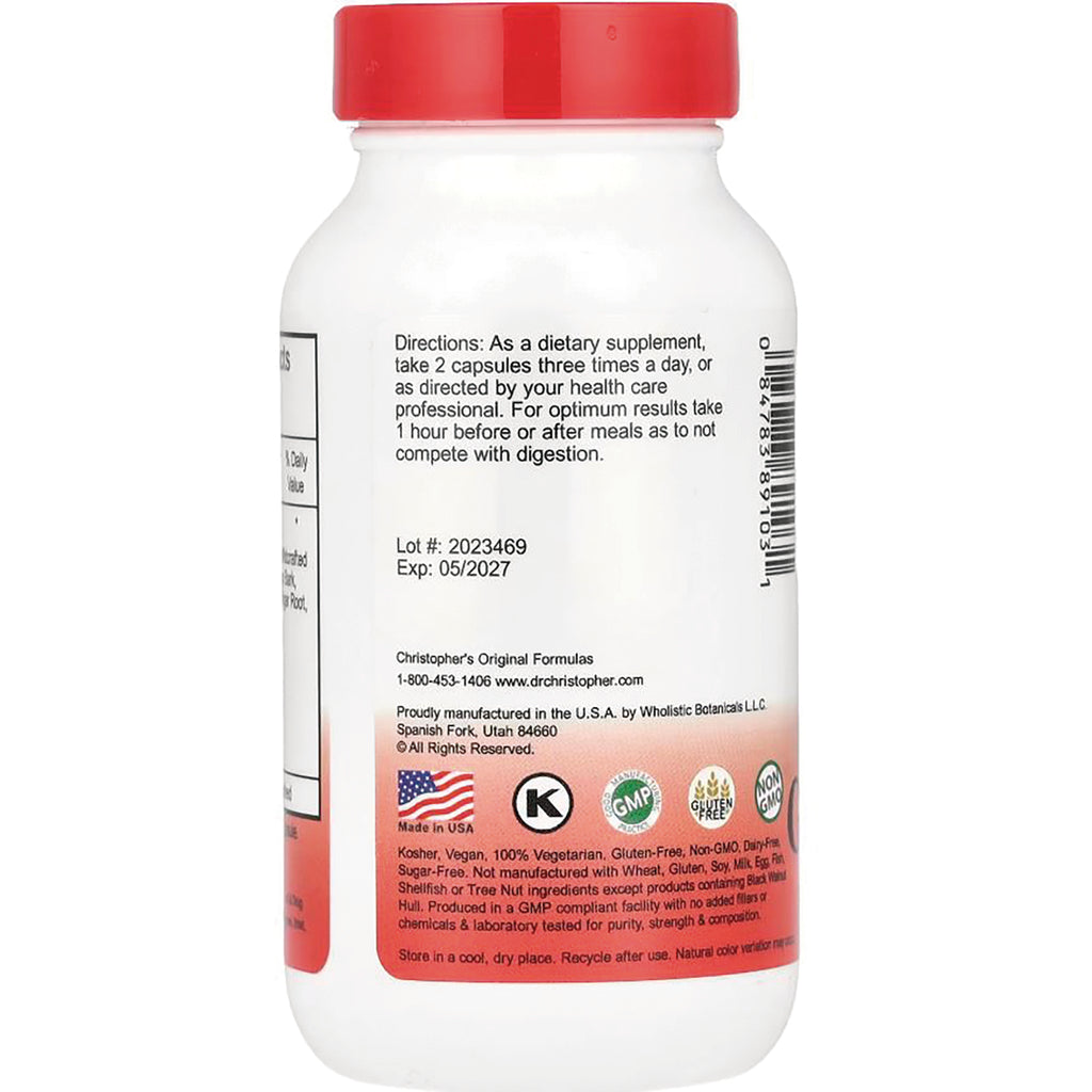 DCR006 | Back of white supplement bottle showing directions, Lot #: 2023469, Exp: 05/2027 and certification logos - Thumbnail