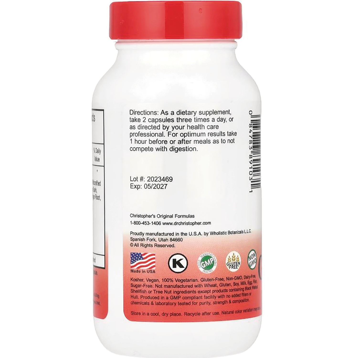 DCR006 | Back of white supplement bottle showing directions, Lot #: 2023469, Exp: 05/2027 and certification logos