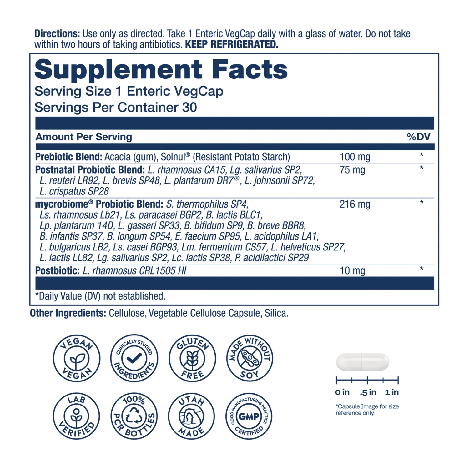 SLR531 | Supplement Facts panel showing serving size, prebiotic and probiotic blends, other ingredients, capsule size and icons