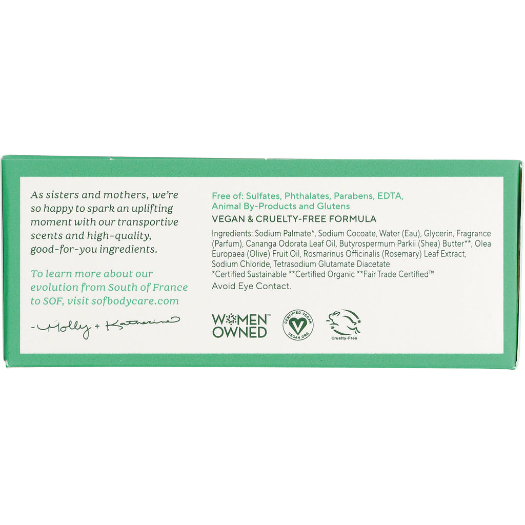 SOF013 | Back of soap box showing ingredients, vegan and cruelty-free formula, Women Owned and cruelty-free logos - Thumbnail