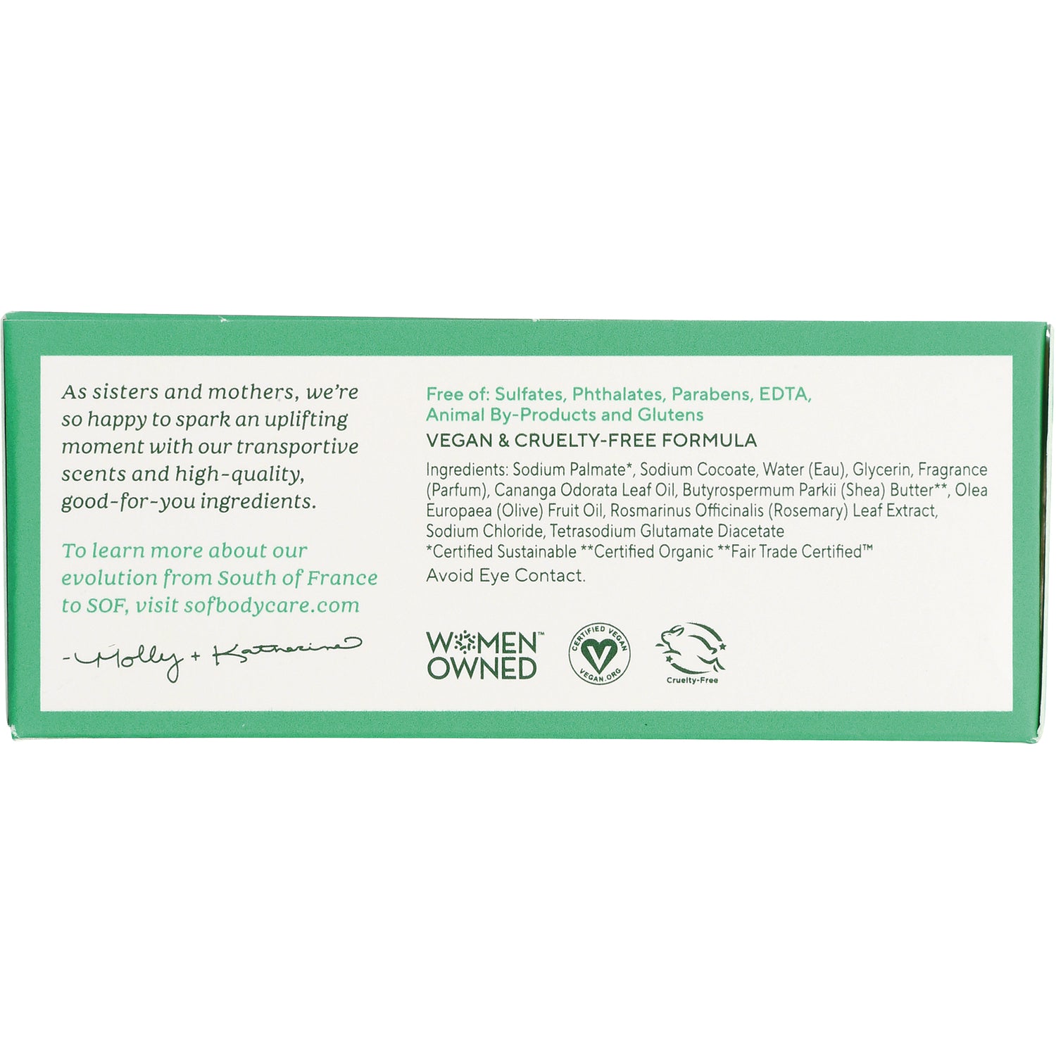 SOF013 | Back of soap box showing ingredients, vegan and cruelty-free formula, Women Owned and cruelty-free logos