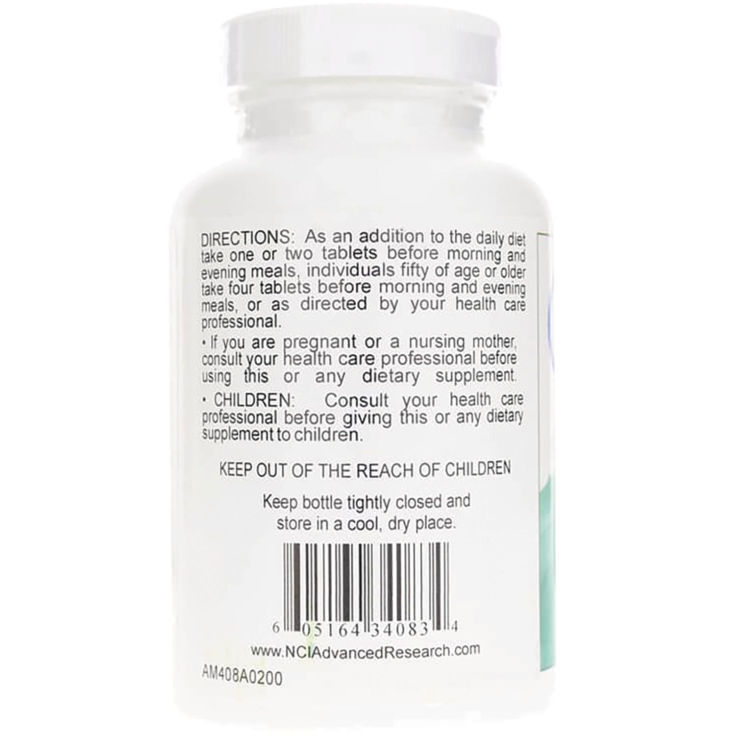 ADR022 | Supplement bottle back label with directions, warnings, barcode, and www.NCIAdvancedResearch.com