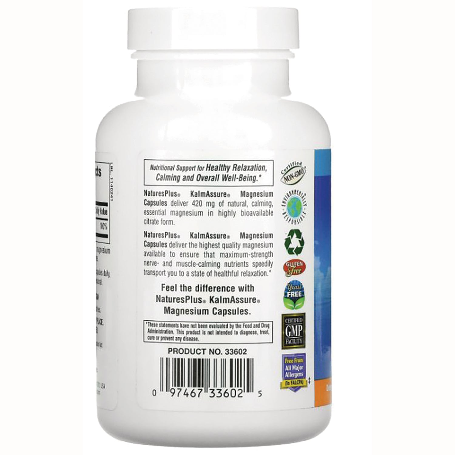 NTP320 | Back of white supplement bottle showing product information panel, certification icons and barcode