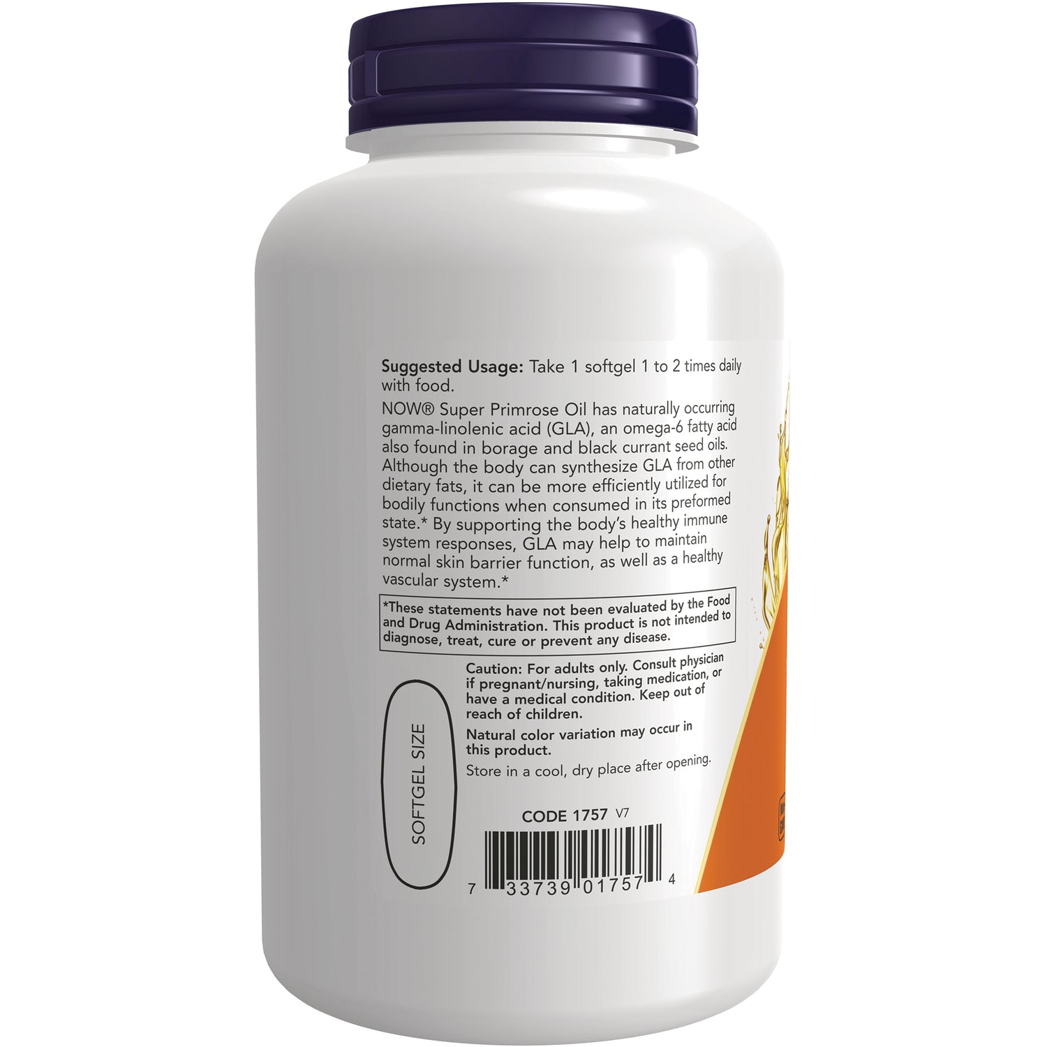 NWF353 | white supplement bottle back label showing suggested usage text, barcode, and softgel size illustration