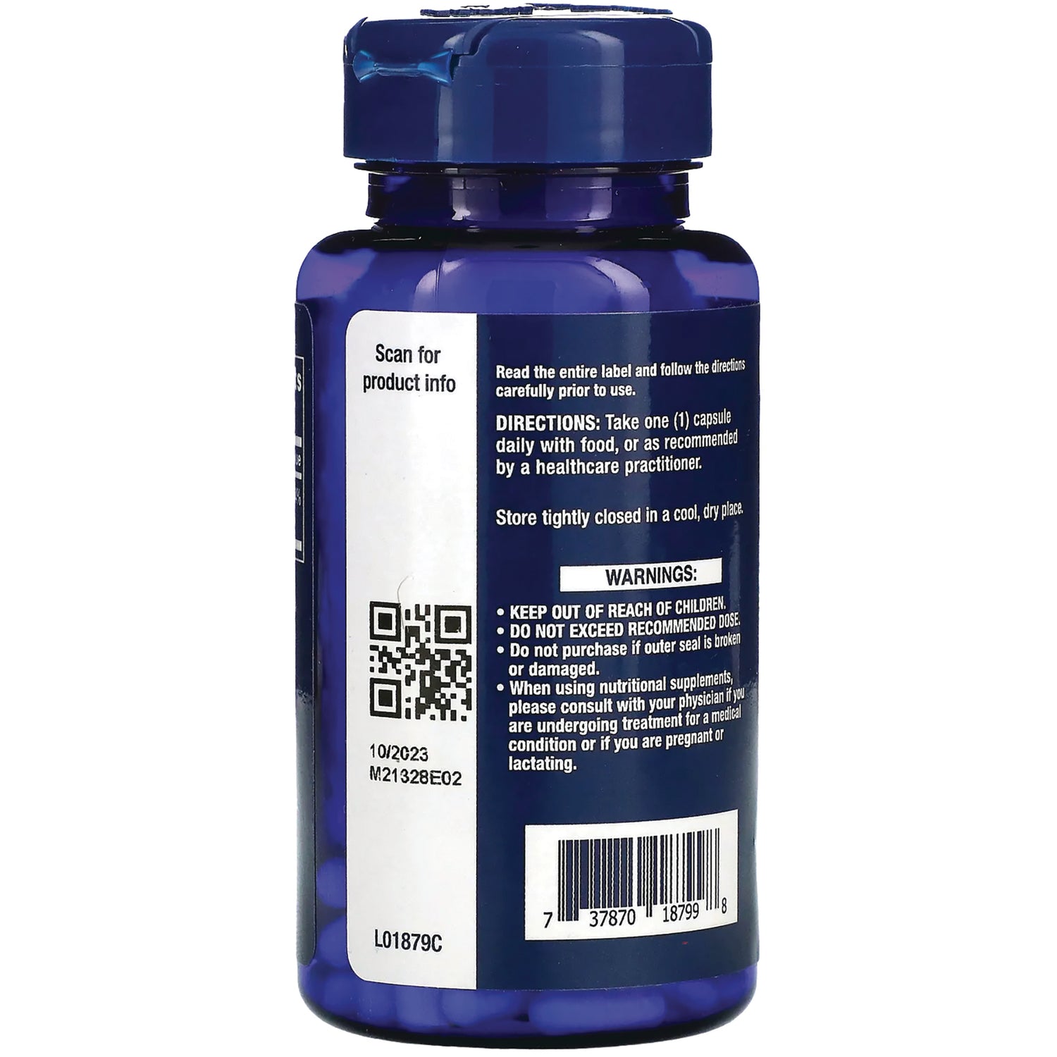 LE407 | Back label of blue supplement bottle showing directions, warnings, QR code and barcode