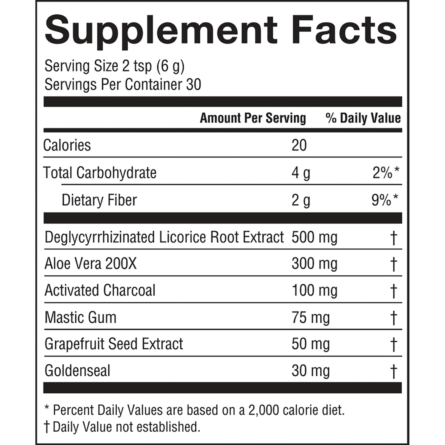 BAR115 | Supplement Facts panel showing serving size, calories, dietary fiber and ingredient amounts including licorice 500 mg
