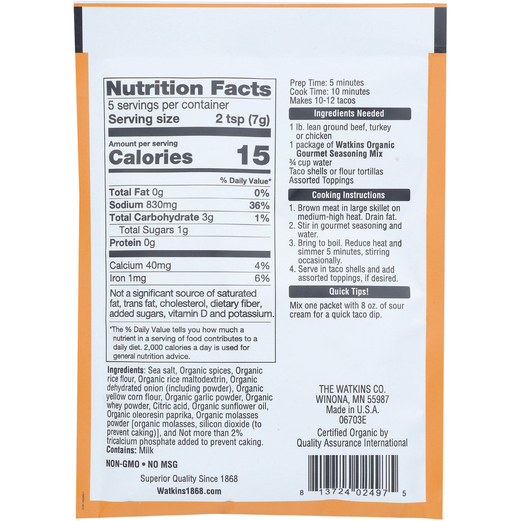 WTK023 | Back of Watkins Organic Taco Seasoning Mix packet with Nutrition Facts, ingredients, instructions, and barcode - Thumbnail
